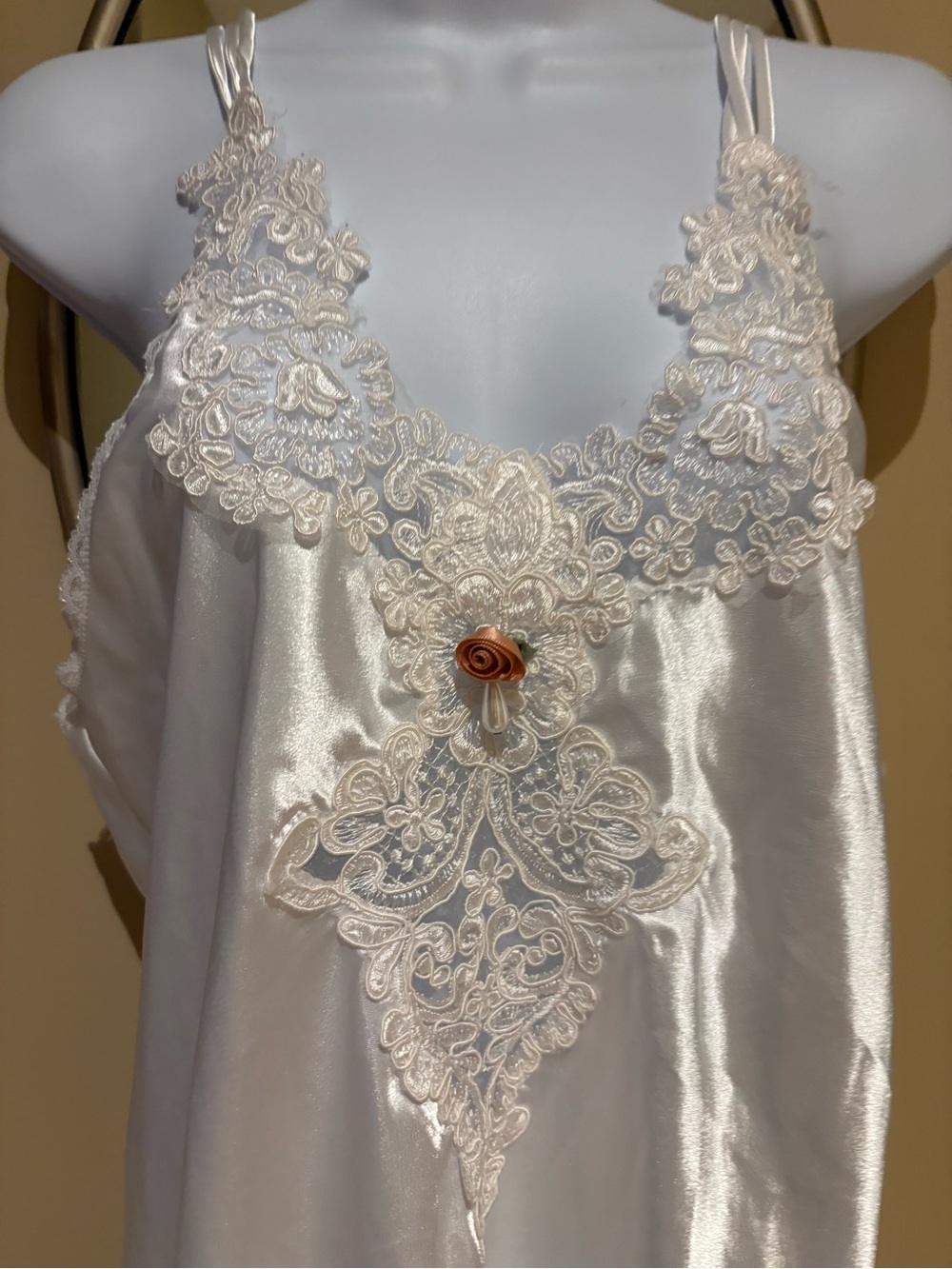 California Dynasty Chemise Nightgown Lace Three Strap Criss Cross Embroidery MED